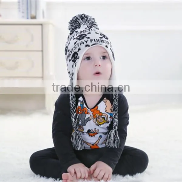 Cool Skull Pattern Baby Knitted Caps Pom On Top For Autumn,Fashion Unisex Knitting Hats With Tie