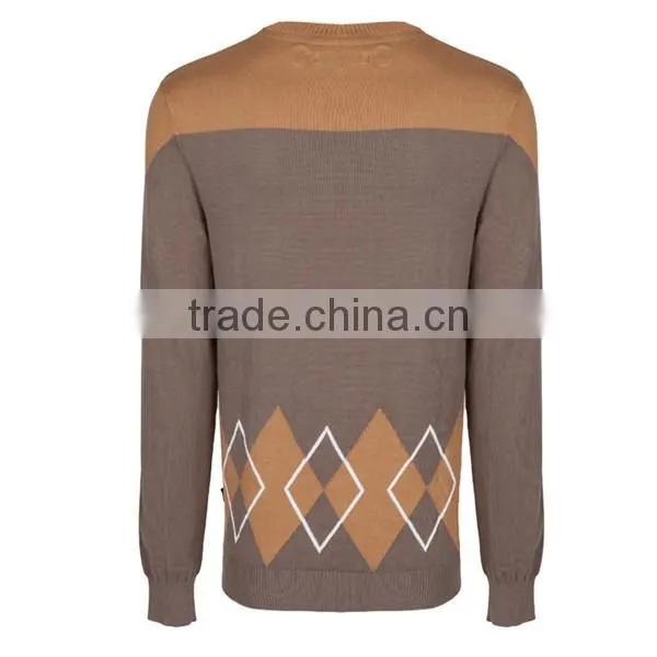 Men's ribbed embroidery applique diamond jacquard design pullover sweater