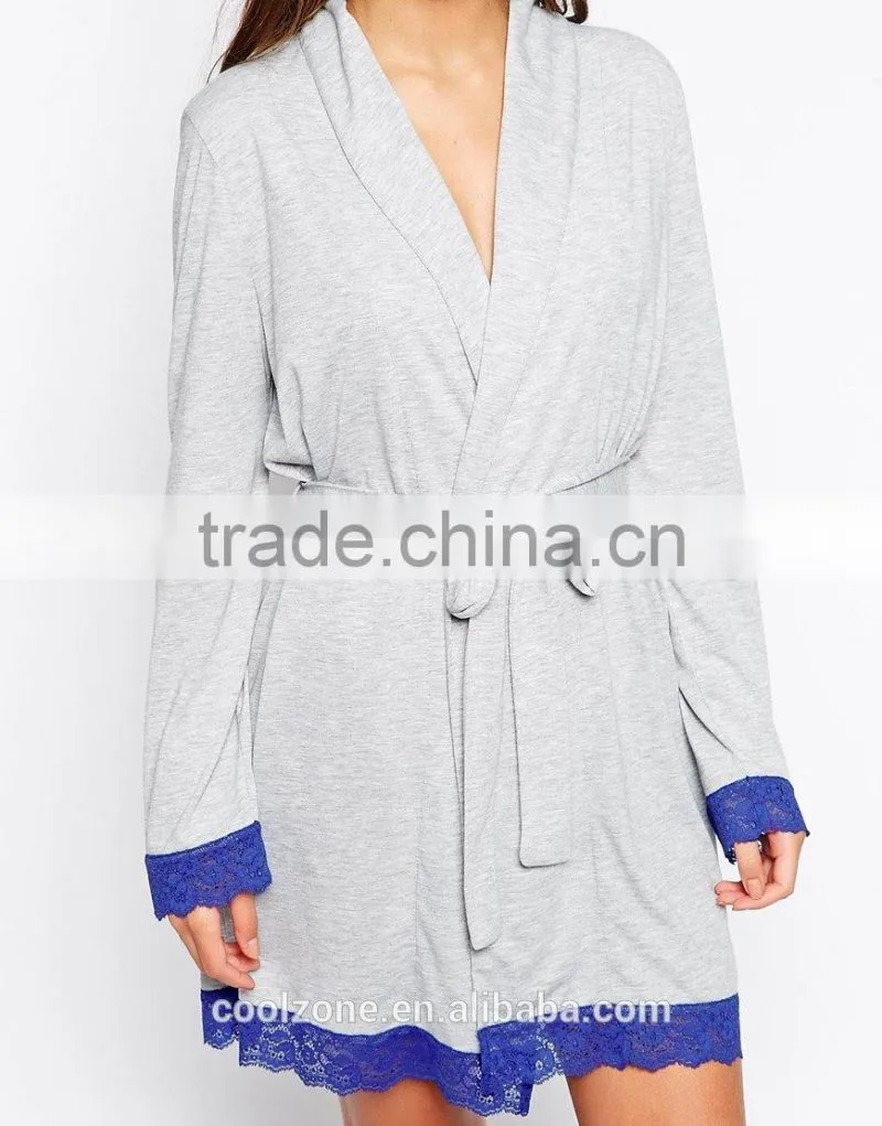 Open front design lightweight bath robe,women lace trim robe with self-tie belt