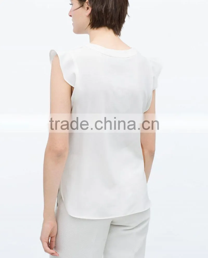 Fashion Ruffles Sleeves Women V Neck White Tank Tops Blank Chiffon Shirt