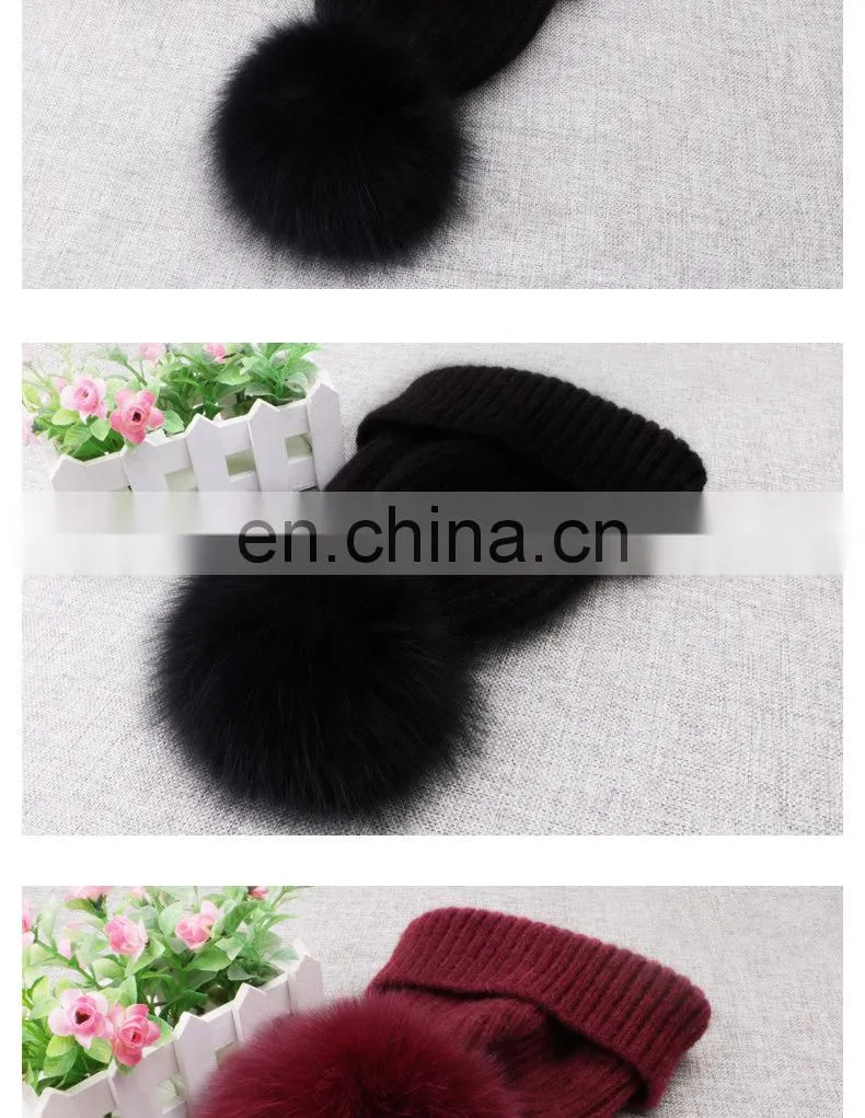 Winter Wool Knitted Beanies Scarf Fox Fur Pompom Knitted Hat Wool