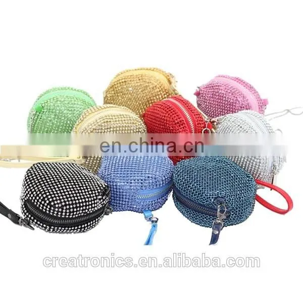 CR More than 80% customer repeat order shining diamond surface long chain round shaped black zipper new fashion mini coin purse