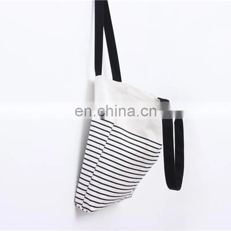 Wholesale Shopping Cotton Canvas Stripe Women Carrying Tote Bag with Bottom