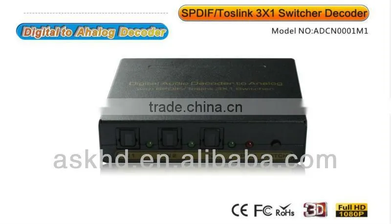 Digital Optical to L/R Analog decoder with 3x1 Spdif switcher