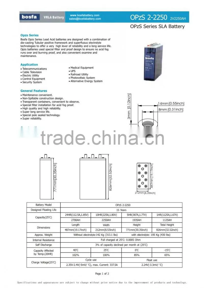 OPzS battery 2v2250ah explosion-proof battery 2v lead acid battery 2250 opzs solar battery 9 volt rechargeable battery
