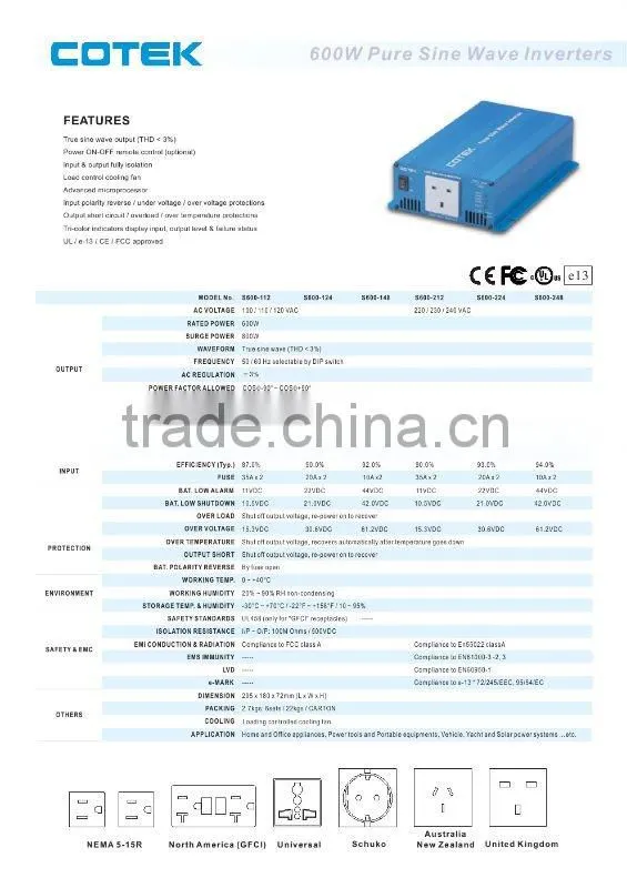S600-124 COTEK 600w pure sine wave inverters(Low Frequency) 12V/24V/CE UL FCC E13