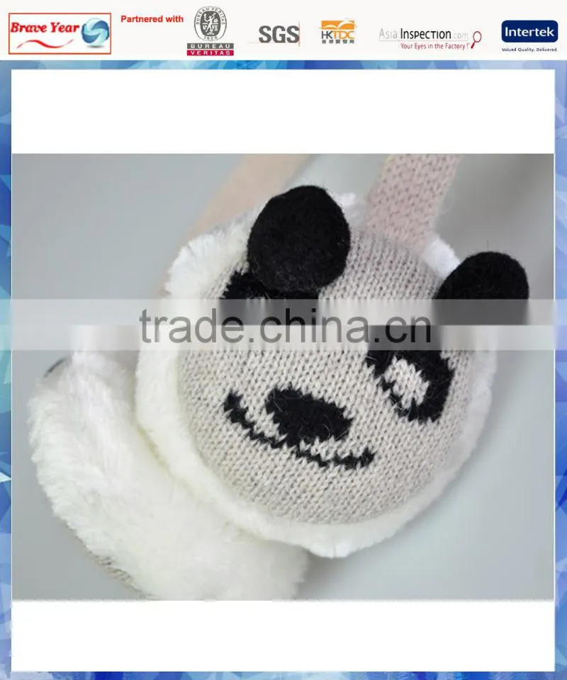 2014 women beige and black panda knitted custom earmuff