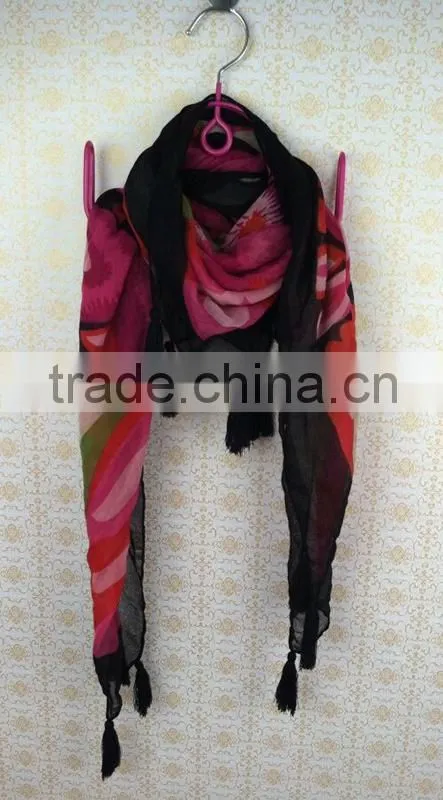 hot selling red and white flower gauze scarf with tassels