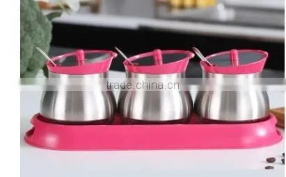 glass spice jar salt petter sugar bottle with spoon and metal coating pink