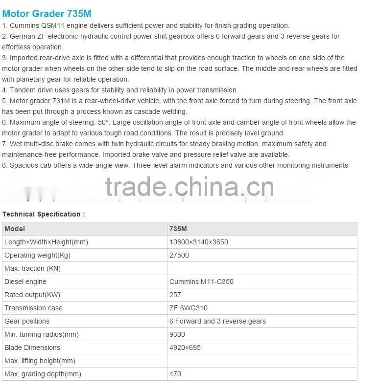 CHANGLIN manufacturer motor grader 350ps 350hp 735M with blades attachments