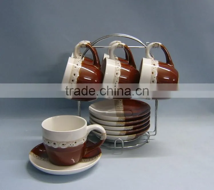 Double glazed 6sets ceramic mug set with metal stand