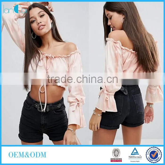 Sexy blouse designs pale pink tie dye print off-shoulder women tops blouse