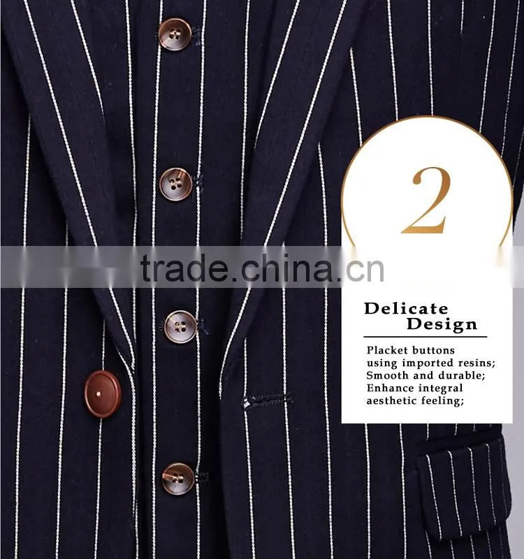 2017 latest design 3 pieces suits with long blazer waistcoat and pants dark blue stripe suite made in china