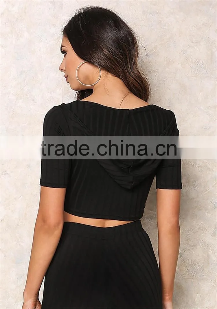 MGOO High Quality Black Ribbed Hood Tops Sleeveless Cropped Tops And Legging For Running Tracksuits Plain Basic
