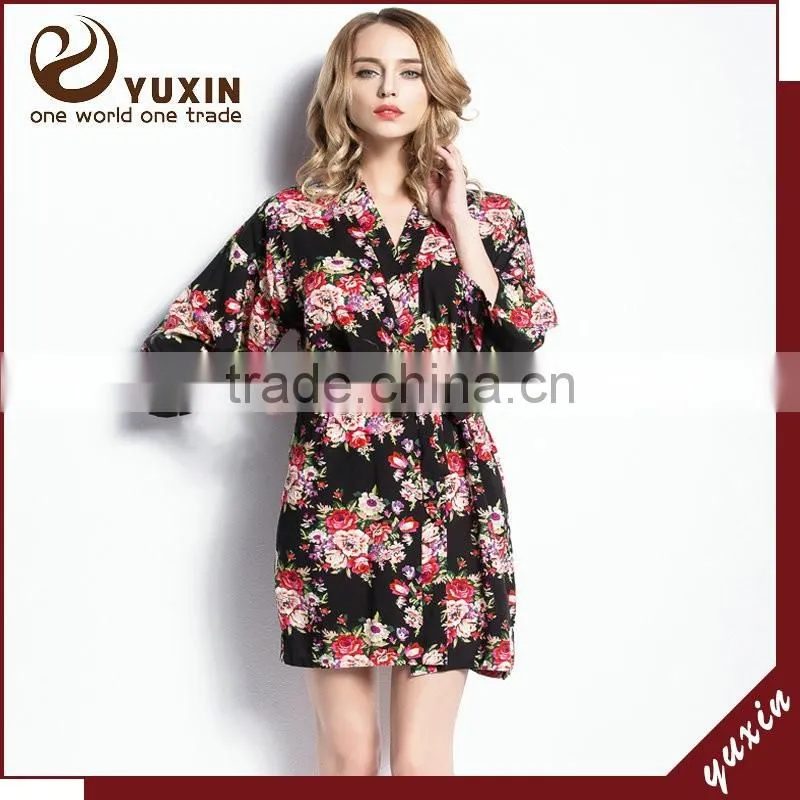 Wholesale kimono Style Bridesmaid robe knee length cotton floral robe FR0018