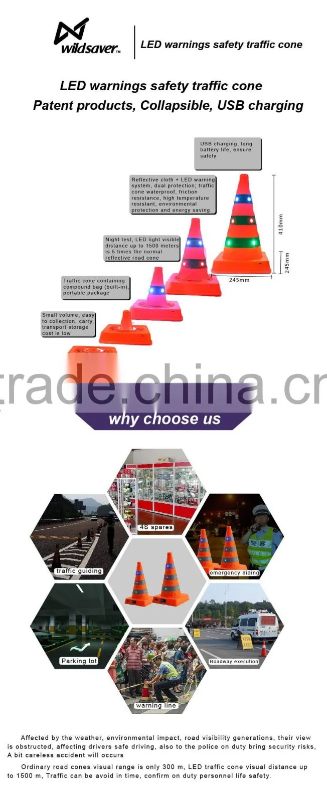 road safety traffic parking cones with flashing LED lights