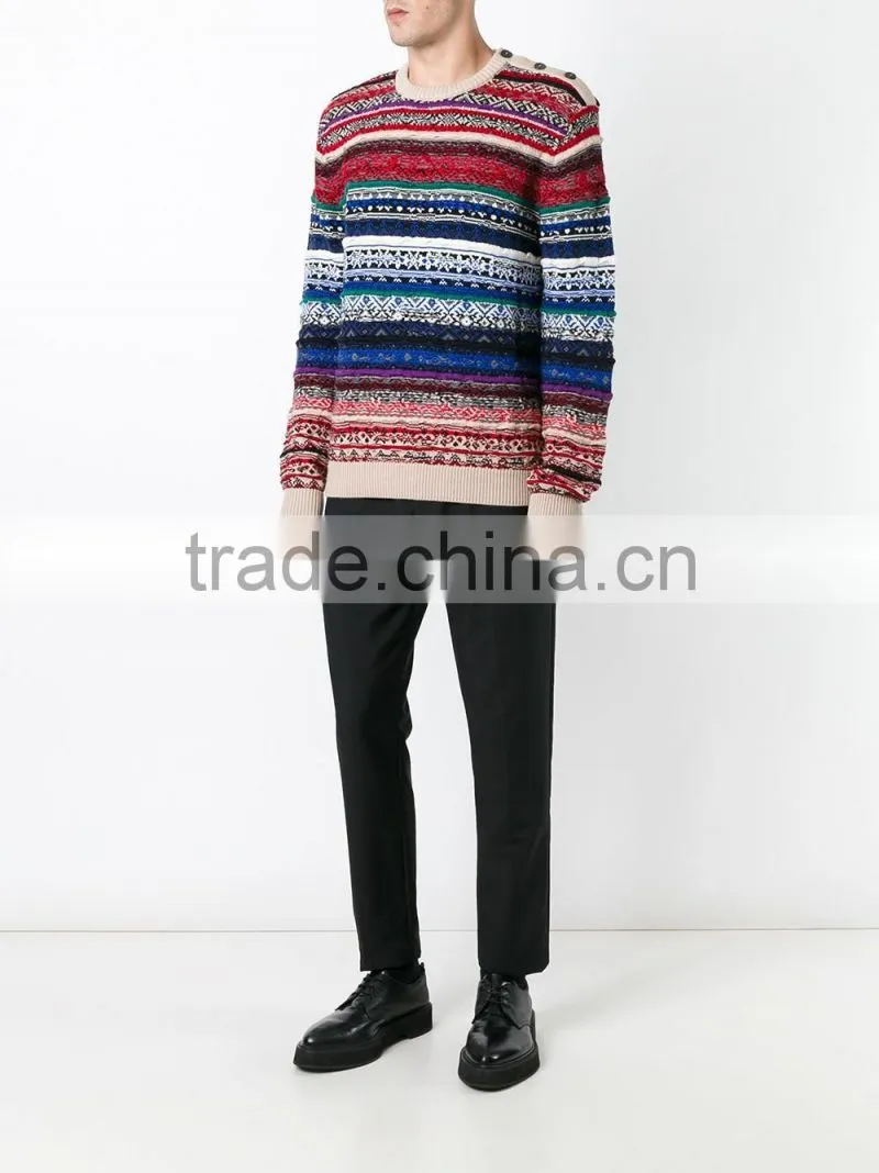 Multi Color Crew Neck Knitted Jumper Men's Intarsia Sweater with Button Decoration on Shoulders