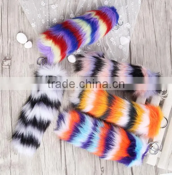 Rainbow Printed Logo Metal Crab cheap fake fur fox tail keychain manufacture