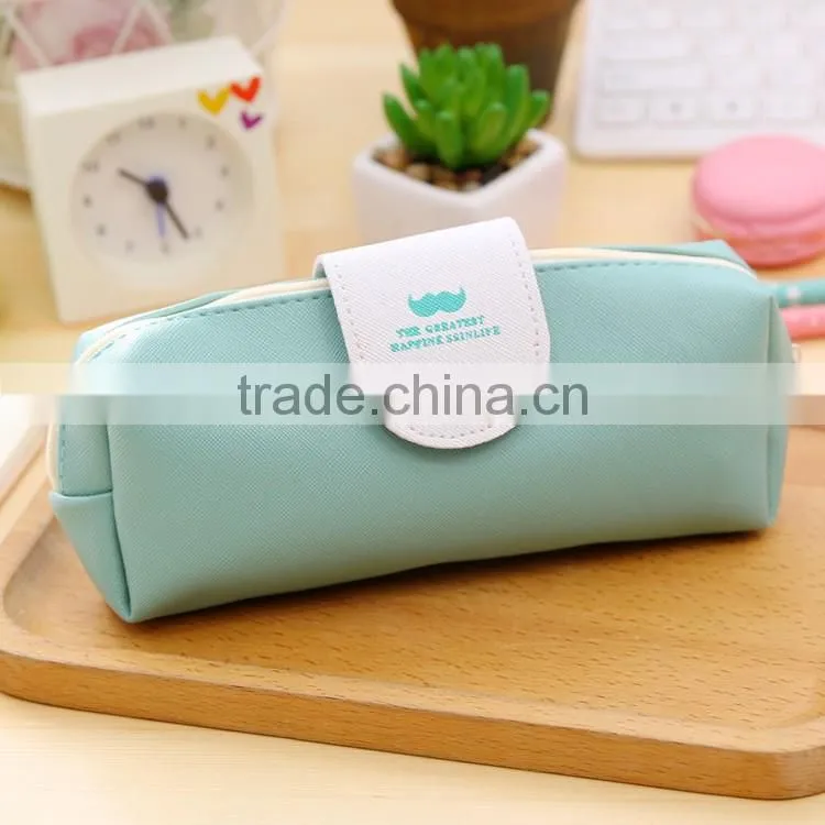 Promotional cheap pure color beard printed PU canvas stationery pocket button pencil bag