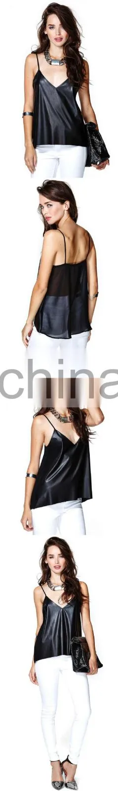 European style sexy chiffon women's faux leather tank top