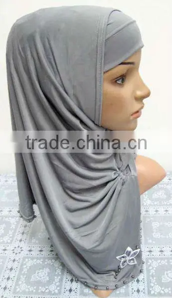 A569 Stylish islamic headscarf HEJAB pearl beaded flower two pieces LONG MUSLIM HIJAB