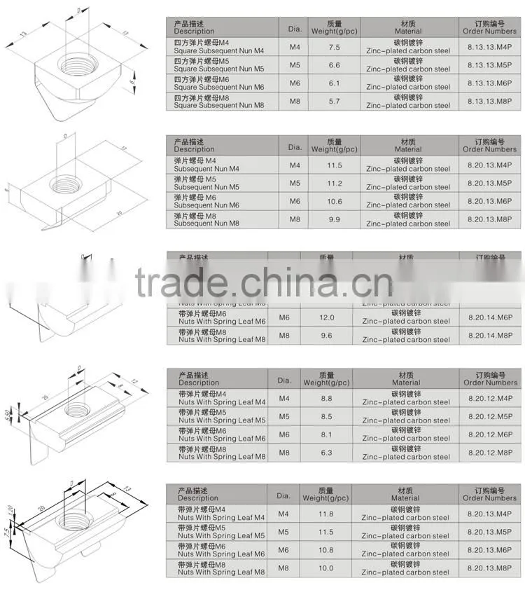 M4 Roll-in T Slot Nut with Spring Leaf Elastic Nut for 40 serie Aluminum Profile Slot 8