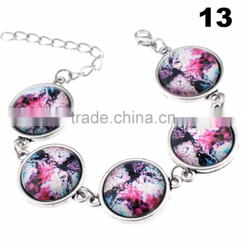 Wholesale Cabochon Glass Nebula Bangle -Galaxy Space -Novelty Metal Cuff Chain Bracelet