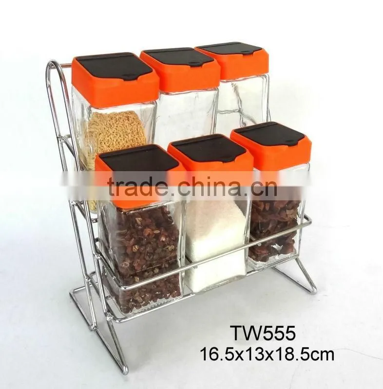 TW966 6pcs glass spice shaker spice jar with plastic lid and metal rack