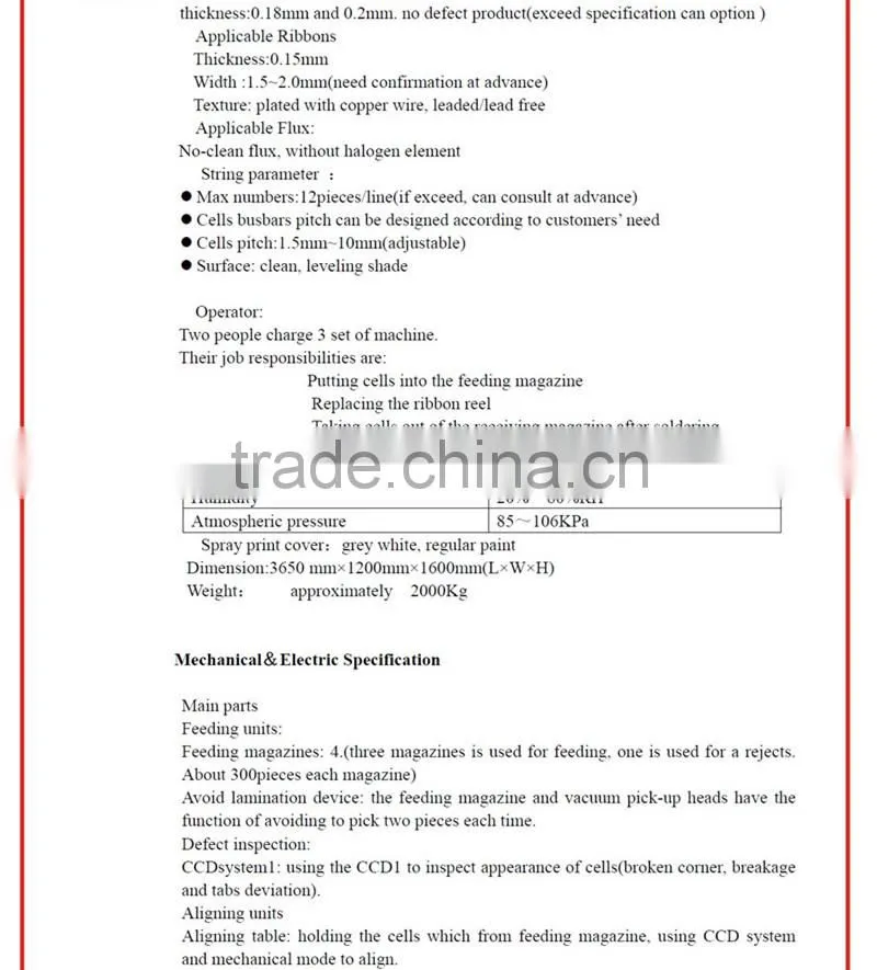 Automatic Tabbing Stringing Machine for welding solar cell into string