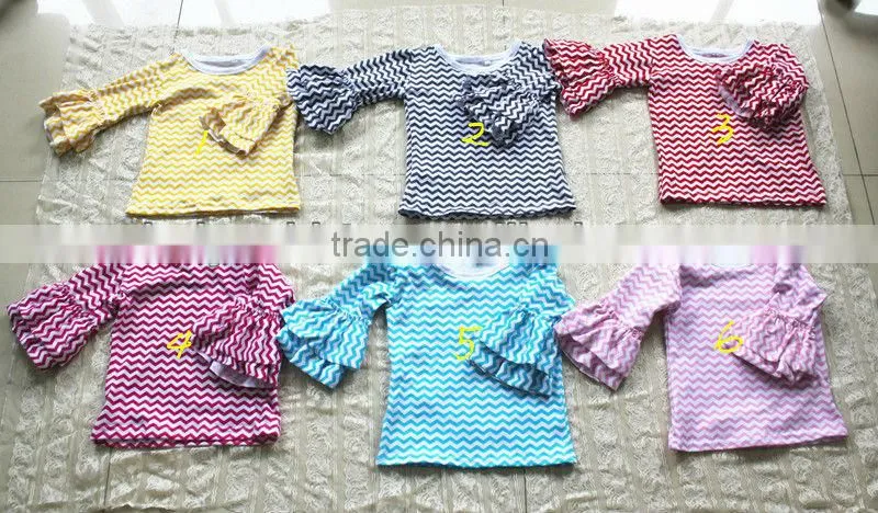 Wholesale baby clothes baby chevron ruffle shirt 100% cotton baby 3/4 ruffle shirts