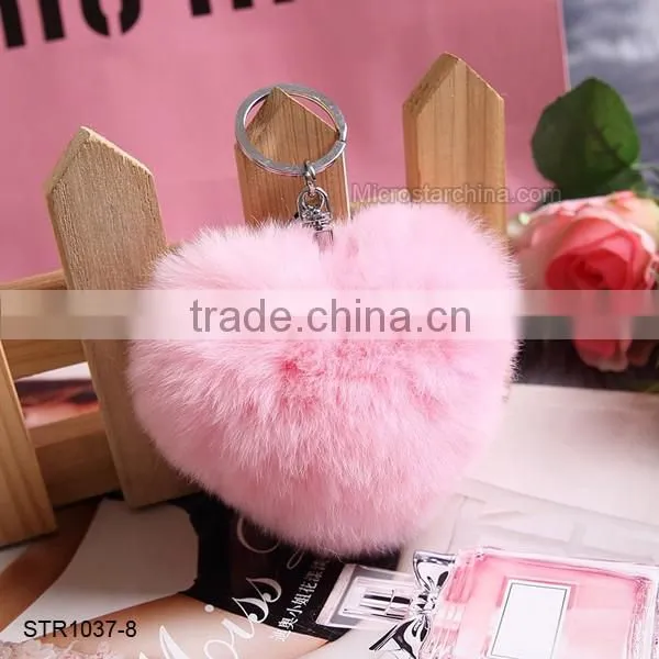 10cm Rabbit Fur Heart Shape Ball PomPom Cell Phone Car Fur Key Chain