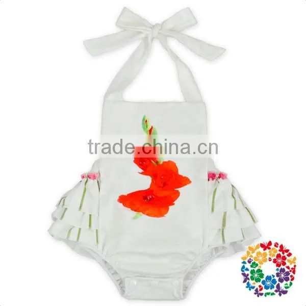 Boutique Girls Summer Backless Ruffle Halter Playsuit White Flower Kids Jumpsuit