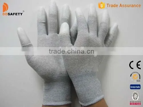 DDsafety Hot Sale PU Gloves Carbon Fiber Liner Knit Wrist White PU Coated On Finger