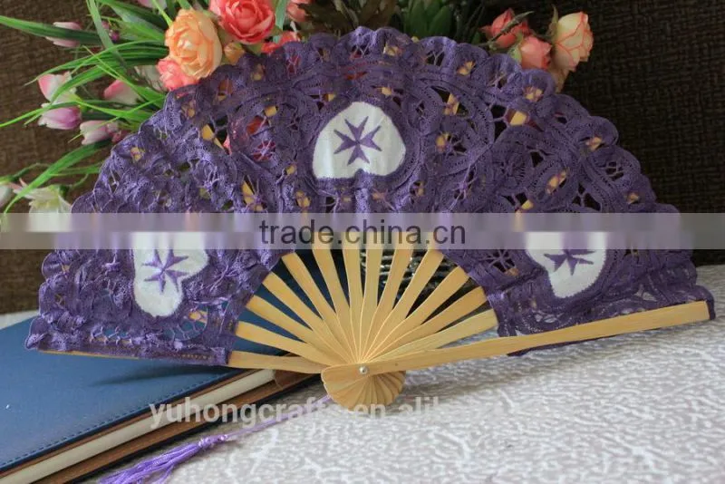 purple embroidery lace bamboo wedding fan