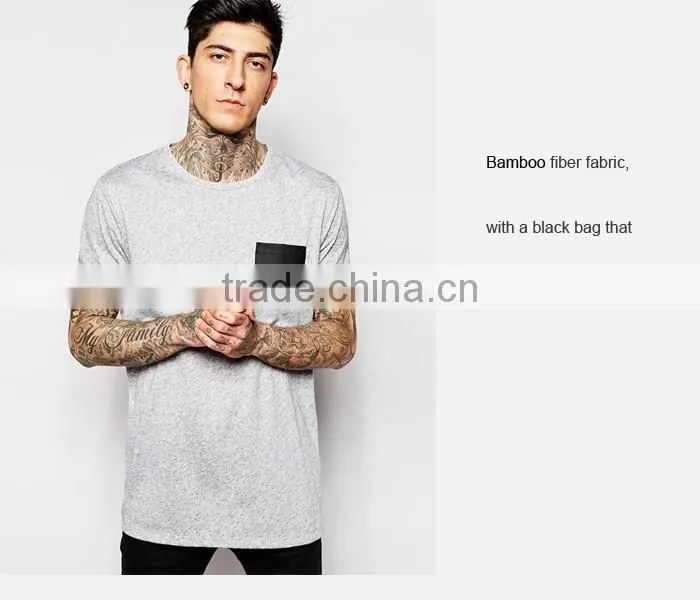 Blank Bamboo Leather Pocket Men Longline T Shirt