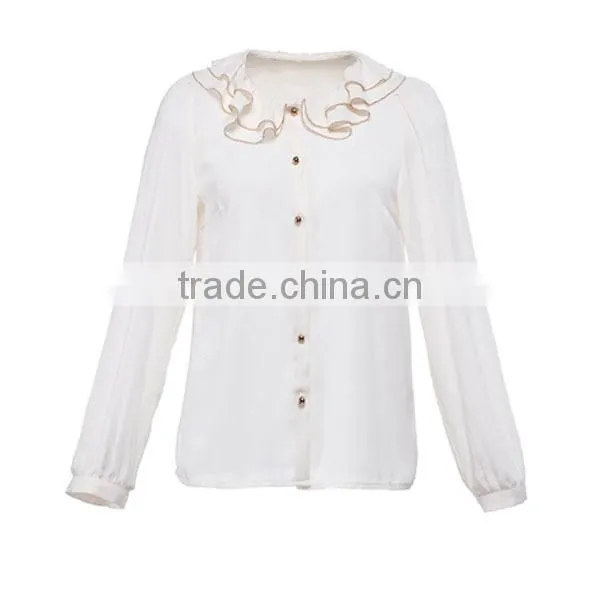2014 fashion polyester long sleeves ruffle neck direct manufacturer high quality girls sleeveless blouse