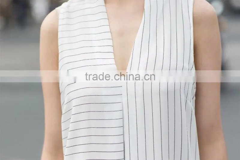 V neck summer coat stripe vest for young ladies latest fashion blouse