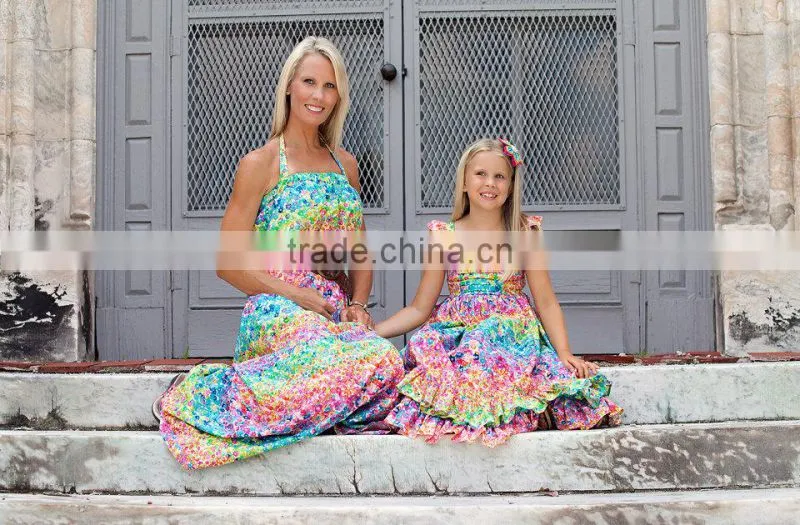 Colorful mommy and daughter matching maxi dress floral print dresses