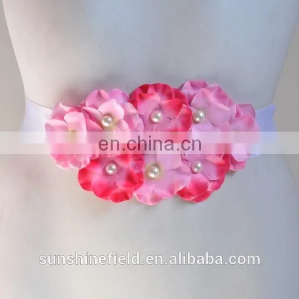 Double-color Cluster Hydrangea flowers Pearl center Sash Belt For Kids