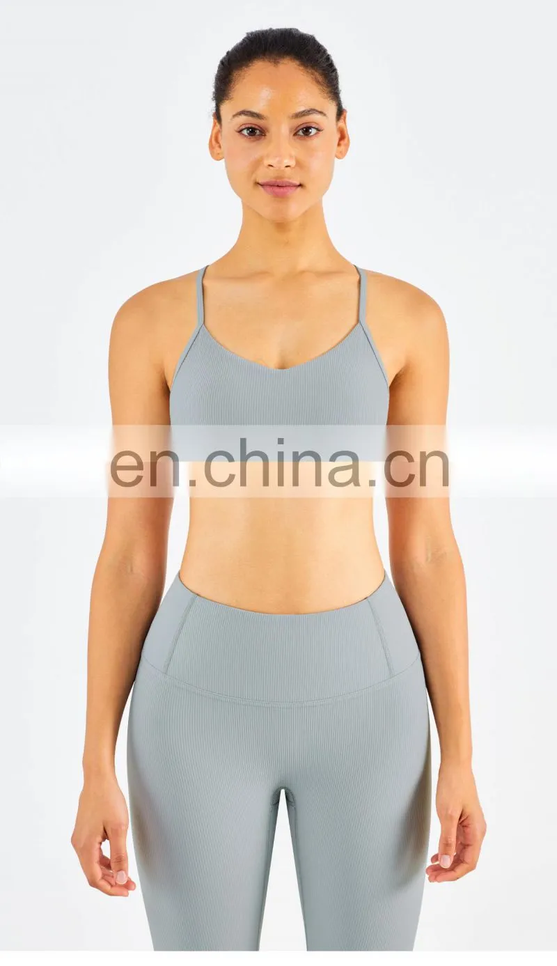 Ribber Camisole Women Yoga Fitness Workout Sports Bra Custom Print High Impact Strappy Bras Top