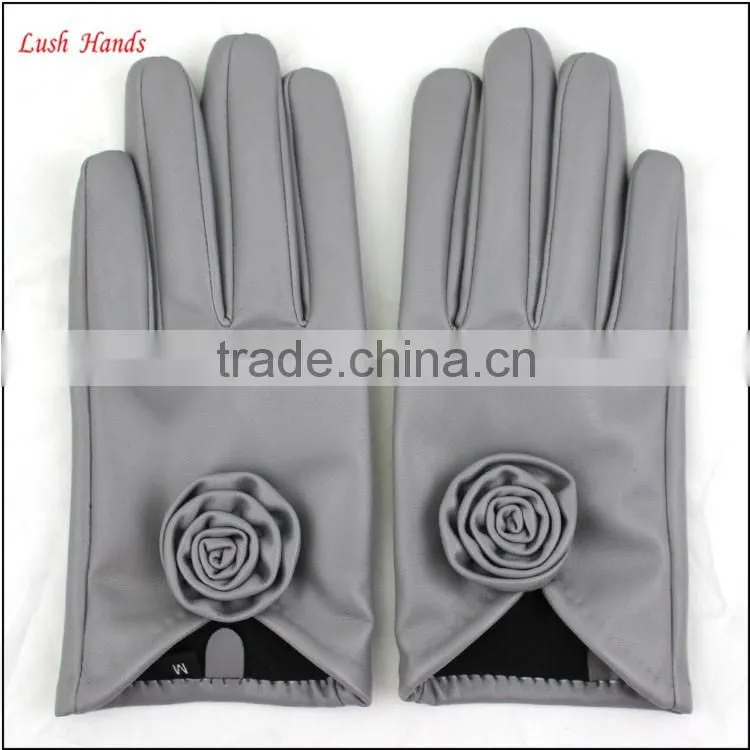 ladies wholesale cheap PU leather hand gloves grey with roses