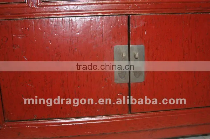 Chinese antique furniture red pine wood three drawer four door cabinet
