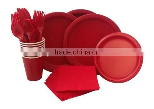 Red Paper Supply Pack Bundle Includes Paper Plates Napkins Cups & Silverware for 8 Guests