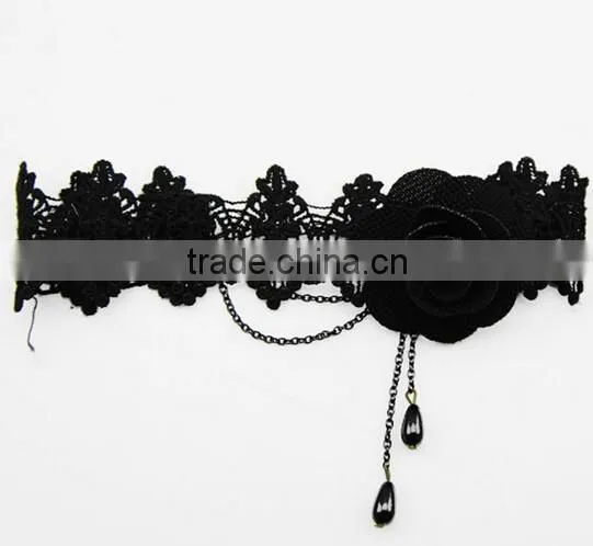 Women 2016 Gothic Handmade Chain Black Flower Lace Choker Collar Chunky Necklace