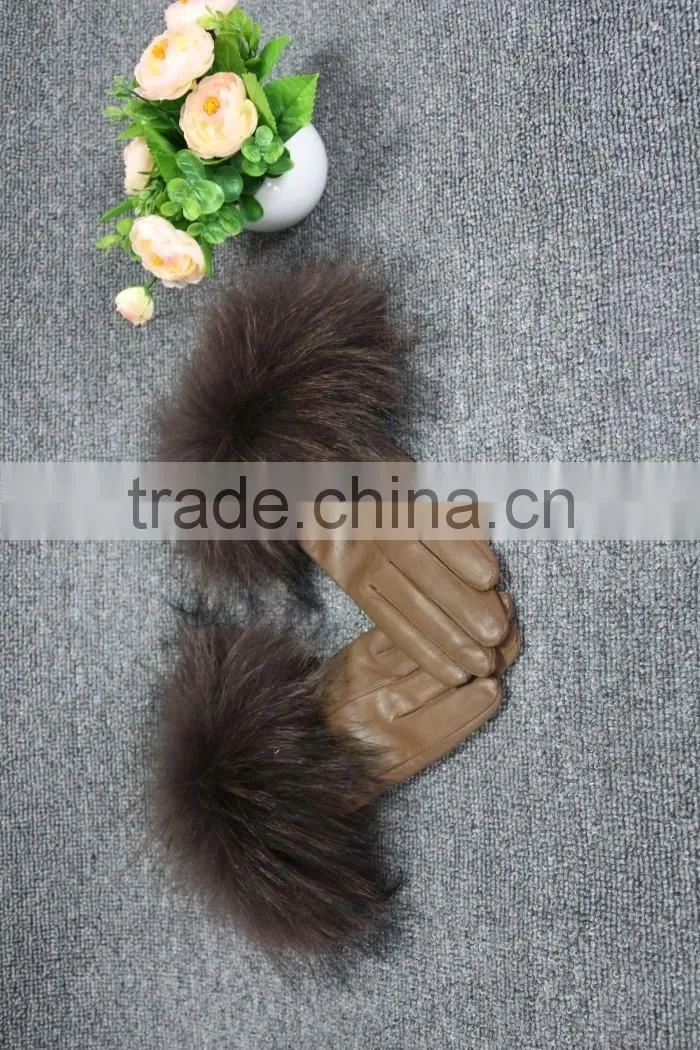fashion sheep leather gloves women touchscreen raccoon fur cuff leather gloves