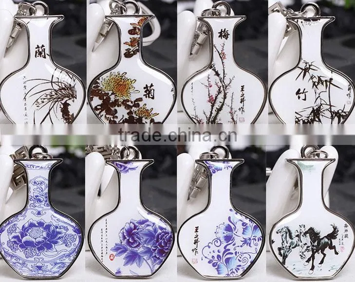 Custom metal hard enamel keychain /blue and white porcelain key chain/Back polishing/gifts