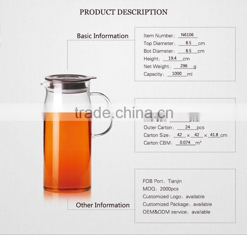 alibaba china housewares high borosilicate water filter pitcher for 1000ml