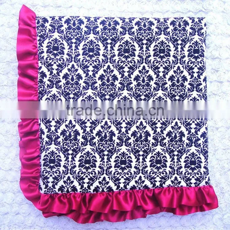 Blue satin ruffle child blankets baby gear damask soft cotton fleece baby blanket
