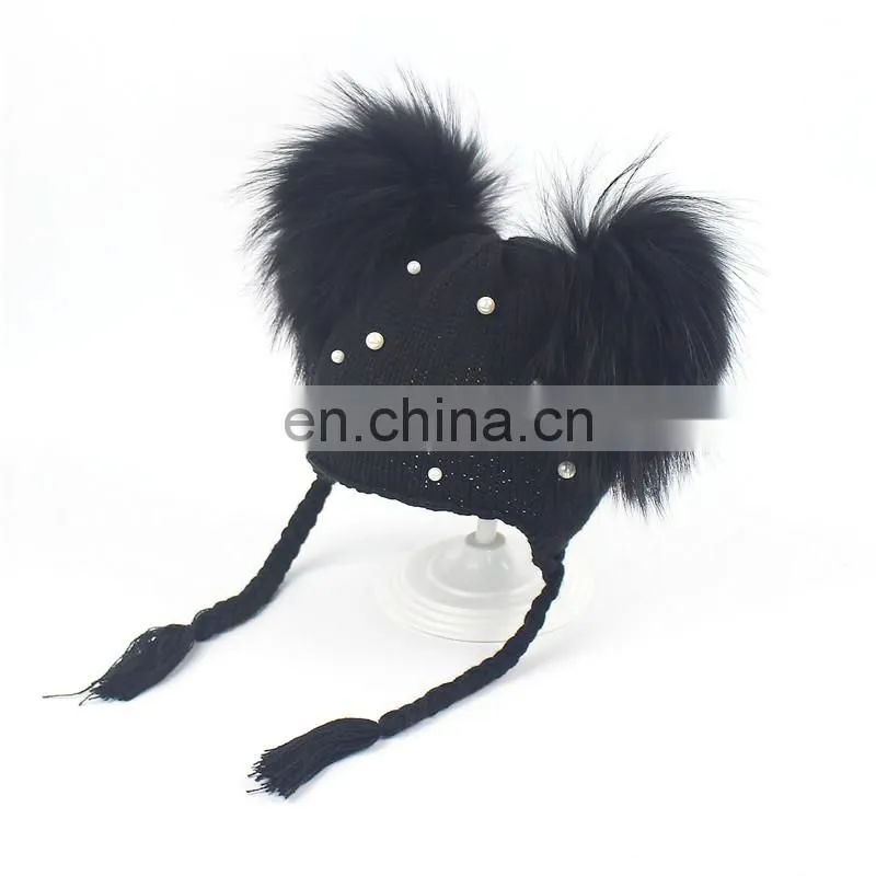 Wholesale Double Raccoon Fur Poms Cap Kids Hat With Fur Pom Pom
