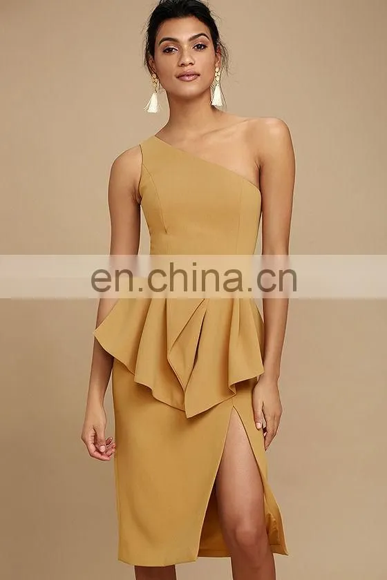 Fashion tan one shoulder layered ruffled midi dress elegant woman dress